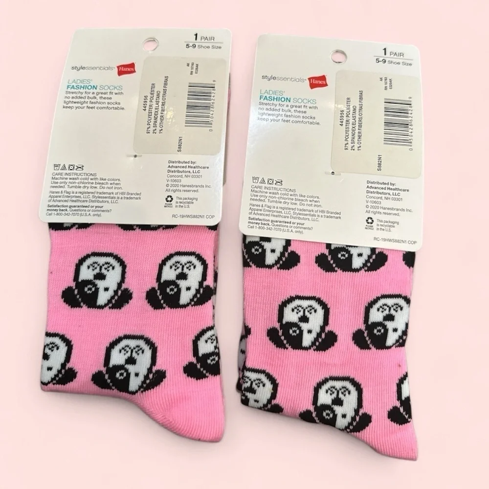 Hanes Ladies’ Fashion Socks Pink Dog Print – 2 Pairs, Size 5-9, NWT